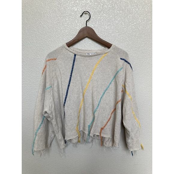 Zara cream distressed sweater womens medium zig zag knit oversized crop slouchy - Picture 1 of 5